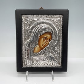 Silver Greek Orthodox Icon, Virgin Mary in Mourning