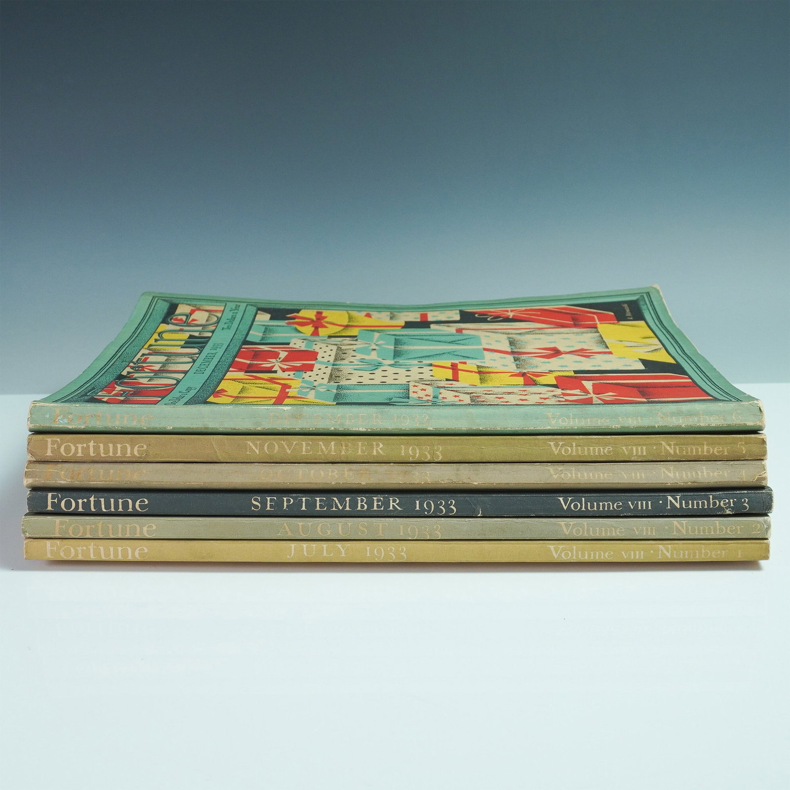 6pc Fortune Magazines, July-December 1933: A collection of six Fortune magazines from 1933, featuring issues from July through December. These early editions capture the economic, industrial, and cultural landscape of the time through striking