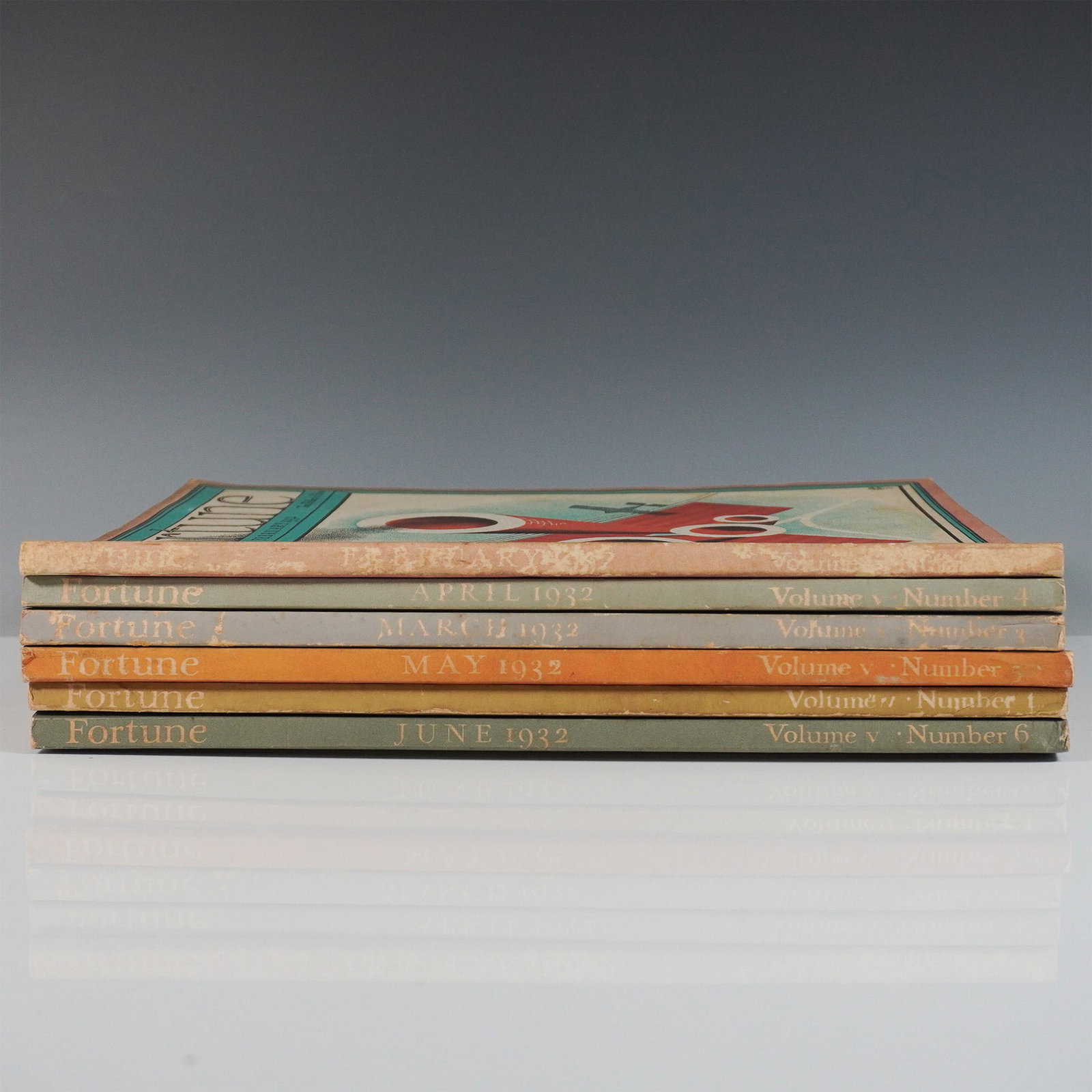 6pc Vintage Fortune Magazines, Issues from January to June of 1932: This 6-piece lot of vintage Fortune magazines from 1932 showcases the iconic Art Deco cover illustrations that defined the publication's style. Featuring issues from January, February, March, April, M