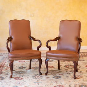 2pc Hancock & Moore Leather Armchairs, Nailhead Trim