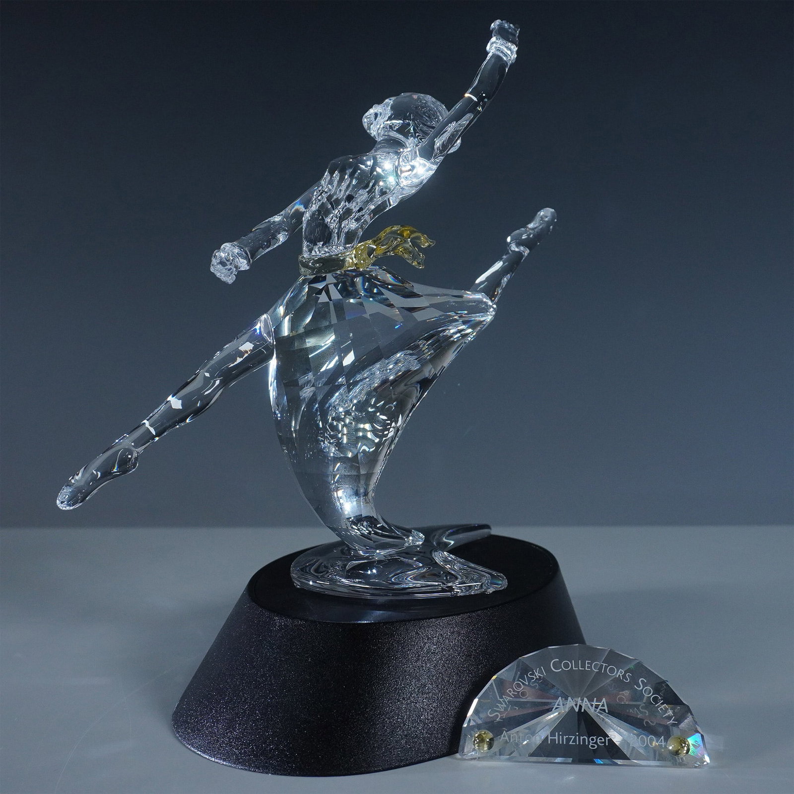 3pc Swarovski Magic of Dance Anna 2004 AE, Plaque + Base: Swarovski Magic of Dance Collection Anna, model number 627396, designed by Anton Hirzinger. Released in 2004 as the third and final piece in the Magic of Dance series, this exquisite crystal figurine 