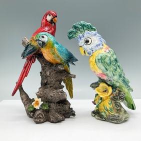 2pc Stangl and Ceramic Parrot Figurines, Macaw and Cockatoo