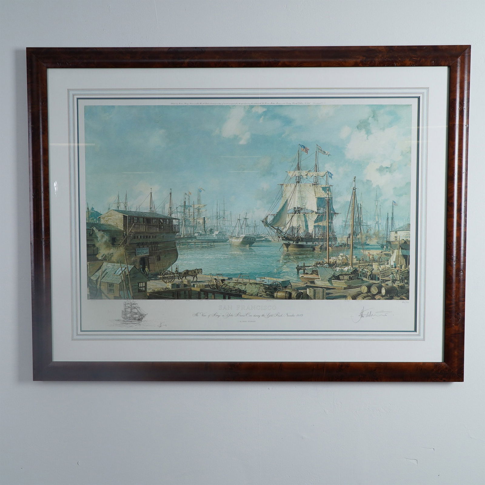 John Stobart Artist's Proof Lithograph, San Francisco, 1849, Signed: This signed artist proof limited edition print by John Stobart, titled San Francisco, 1849, captures a historical maritime scene of Yerba Buena Cove during the Gold Rush era. Stobart's masterful atten