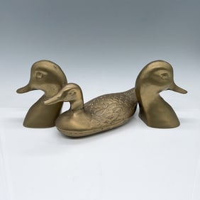 3pc Brass Duck Bookends and Figurine Set