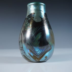 Signed John Barber Art Glass Vase, Iridescent Pulled Feather Design