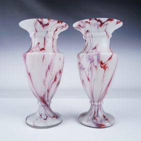 2pc Frosted Glass Trophy Vases, Red Veining