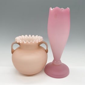 2pc Vintage Colored Glass Vase and Ruffled Vessel