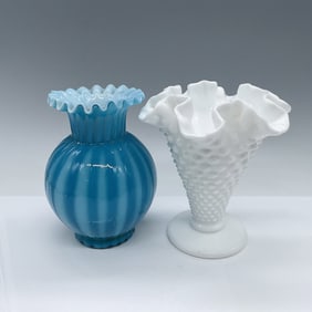 2pc Vintage Hobnail Milk Glass and Blue Stripe Ruffled Vases