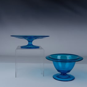 2pc Vintage Blue Glass Pedestal Bowl and Cake Stand Set