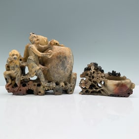 2pc Carved Soapstone Brush Pot and Planter