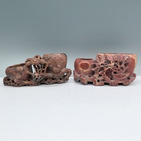 2pc Carved Soapstone Brush Pots with Floral Motifs