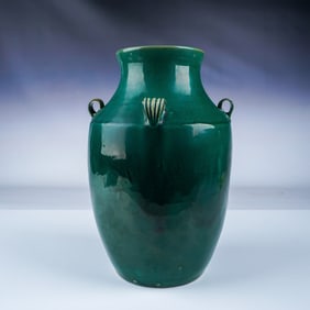 Green Glazed Pottery Vase with Handles