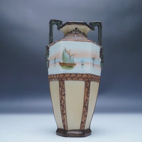 Nippon Hand-Painted Moriage Vase with Sailing Scene