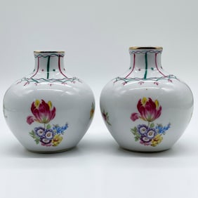 KPM China Porcelain Miniature Vases, Pair, Floral Decor