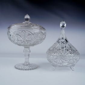 2pc Cut Glass Candy Dishes with Lids