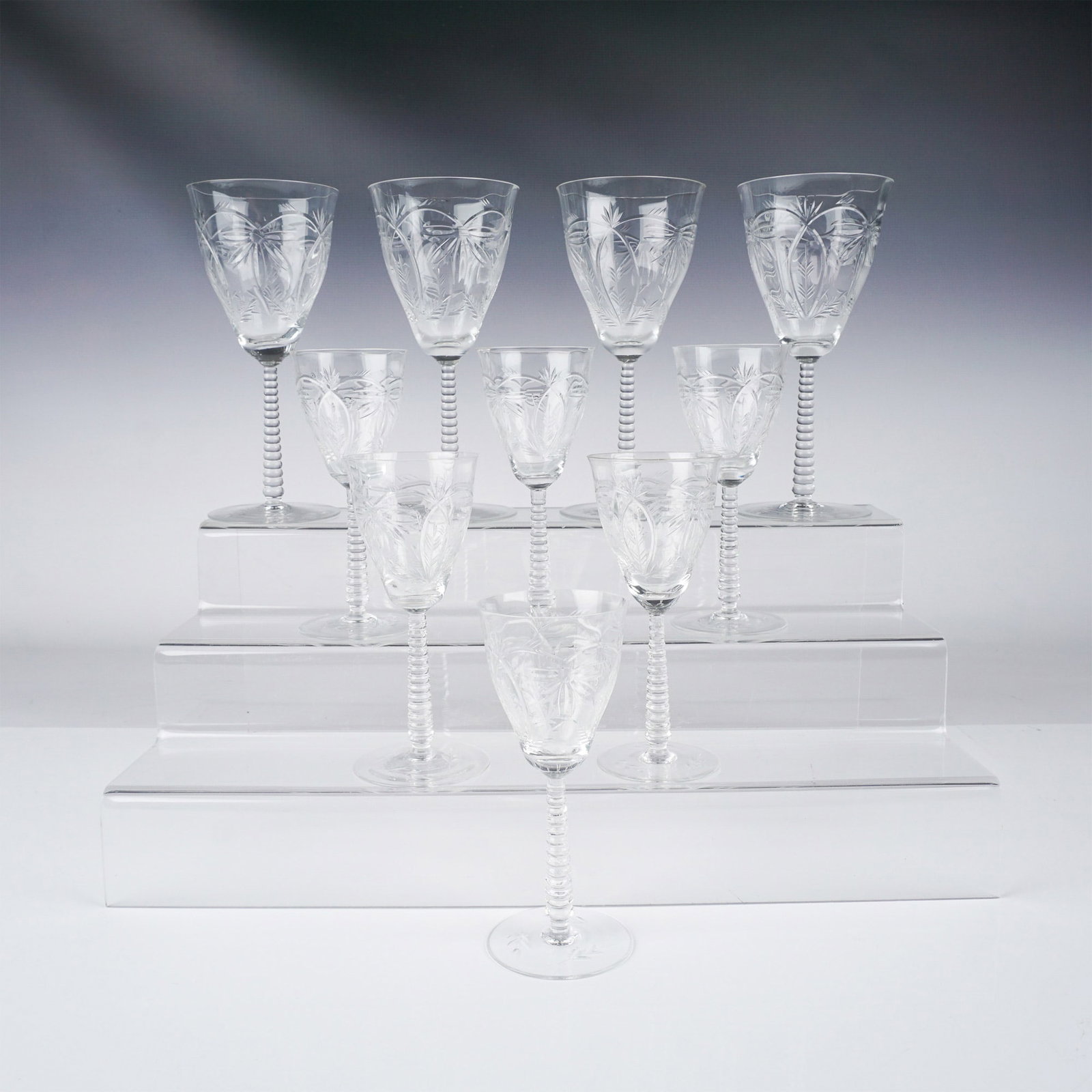 10pc Etched Stemware Set, Wine & Dessert Glasses: This elegant 10-piece set includes 4 wine glasses and 6 dessert glasses, each featuring a finely etched floral design. The large wine glasses have a classic, tall bowl with a twisted stem, perfect for