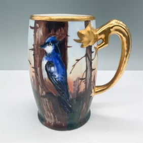 Bavaria Stein, Blue Jay, Gilt Handle, Signed Gessner