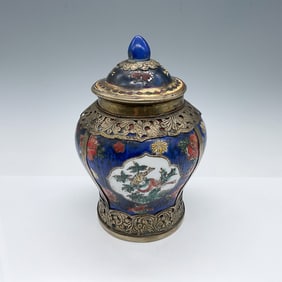 Lidded Jar with Brass Framework and Bird Motif