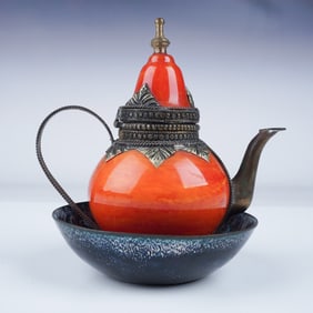 2pc Nepalese Enameled Metal Teapot and Copper Bowl Set