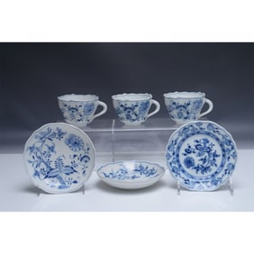 6pc Carl Teichert Meissen Blue Onion Porcelain Cup & Saucer Set