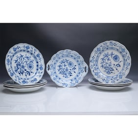 9pc Meissen Blue Onion Porcelain Plate Set