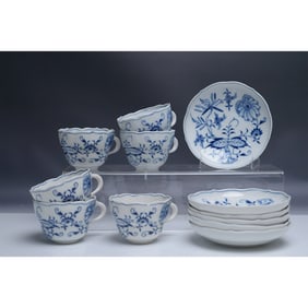 12pc Meissen Blue Onion Tea Cups and Saucers Set