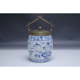 Antique Porcelain Biscuit Jar, Blue Onion Style with Brass Lid