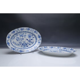 2pc Louis Regout Maastricht Blue Onion Pattern Oval Serving Platters