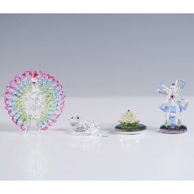 4pc Crystal Figurine Set, Peacock, Otter, Windmill, & Lotus Flower