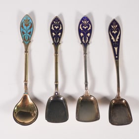 4pc Gold-plated Sterling Silver 925 Enameled End Spoon