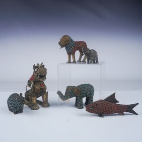 6pc Tibetan Bejeweled Brass Animals