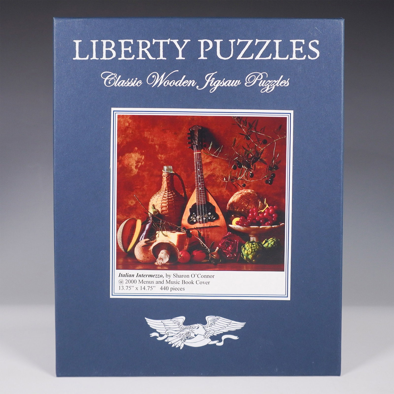 Liberty Puzzles Classic Wooden Jigsaw Puzzle Italian Intermezzo: Liberty Puzzles classic wooden jigsaw puzzle featuring Italian Intermezzo, a still life composition by Sharon O'Connor, originally used as a 2000 Menus and Music Book cover. The intricate puzzle consi