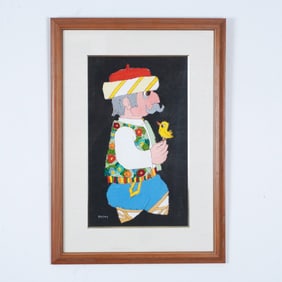 Jovan Obican, Acrylic on Paper, Man with a bird, Signed