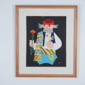 Jovan Obican, Acrylic on Paper, Man with Bird, Signed