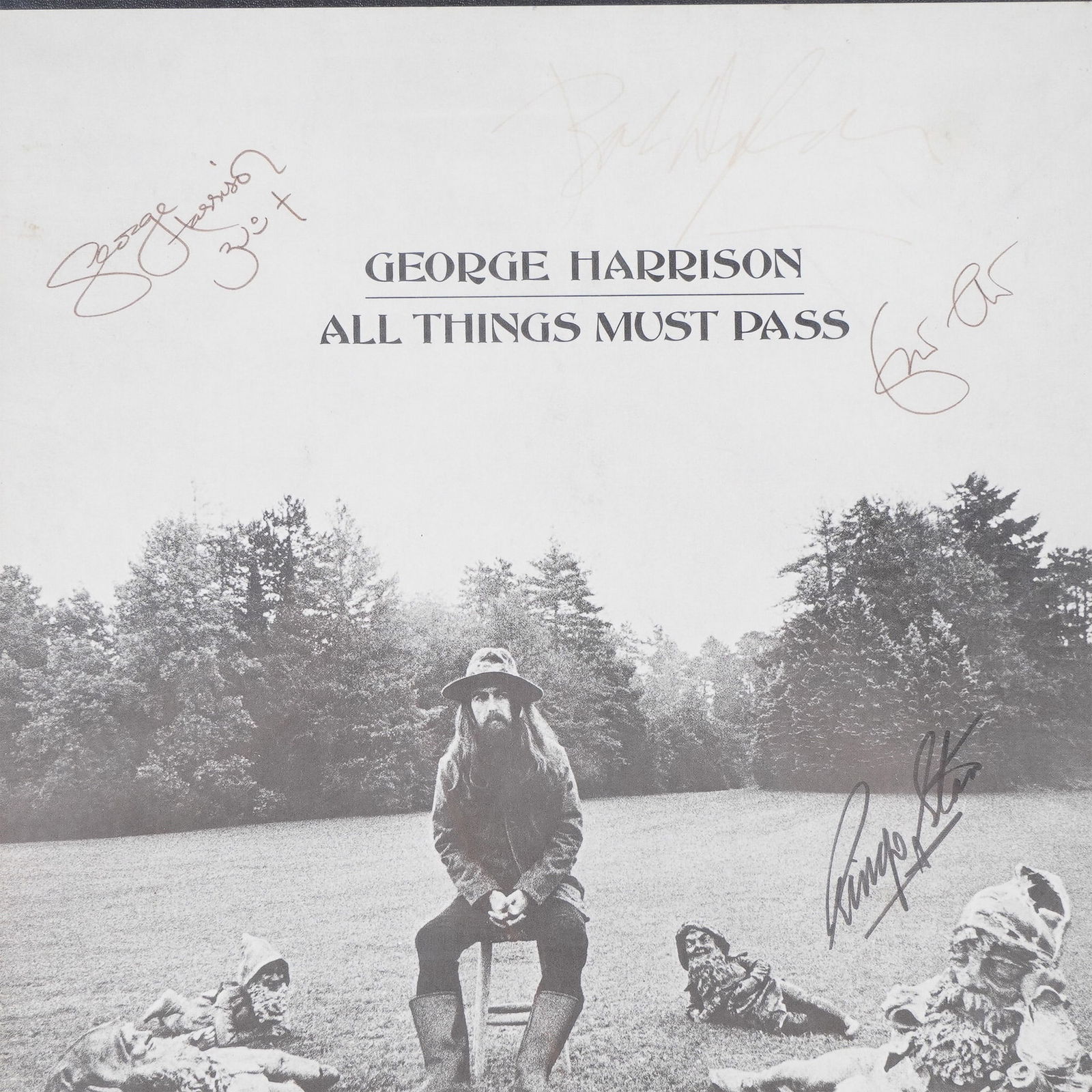 George Harrison Signed All Things Must Pass Album, Framed: This extraordinary framed collectible features an original album cover of All Things Must Pass signed by George Harrison, Bob Dylan, Eric Clapton, and Ringo Starr. This legendary album, released in 19