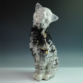 Khalil Douisse Chanel-Inspired Cat Sculpture with Crystal Embellishments