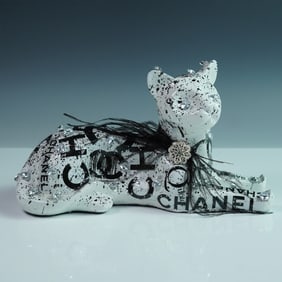 Khalil Douisse Chanel-Inspired Reclining Cat Sculpture with Crystal Accents