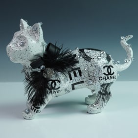 Khalil Douisse Chanel-Inspired Walking Cat Sculpture with Rhinestones