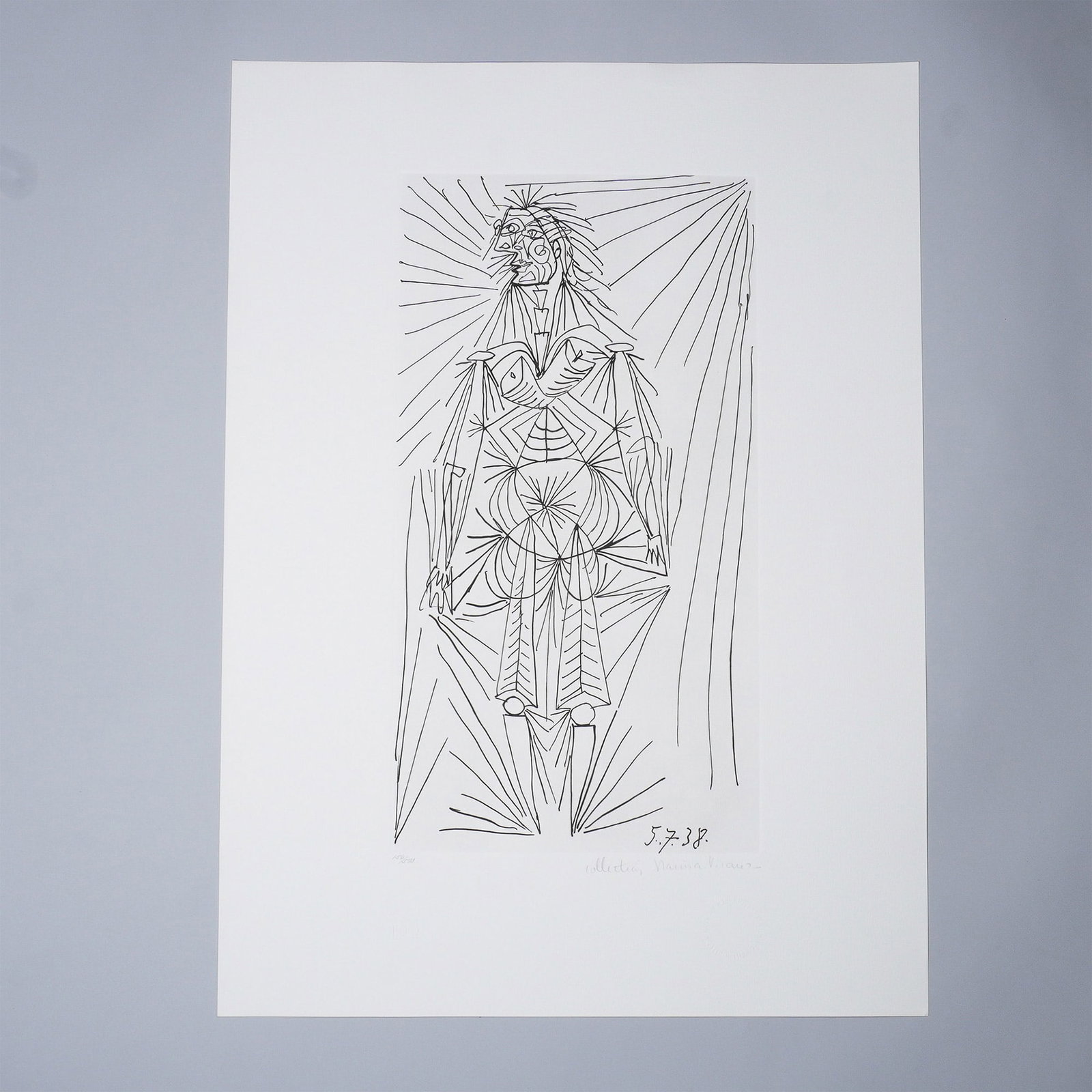 Pablo Picasso (Aft.) Engraving on Paper, Collection Marina Picasso: A striking limited edition engraving on Paper titled Standing Woman (Femme Debout) after Pablo Picasso, featuring an abstract and highly stylized figure, dated 5.7.38 within the image. Rendered in a d