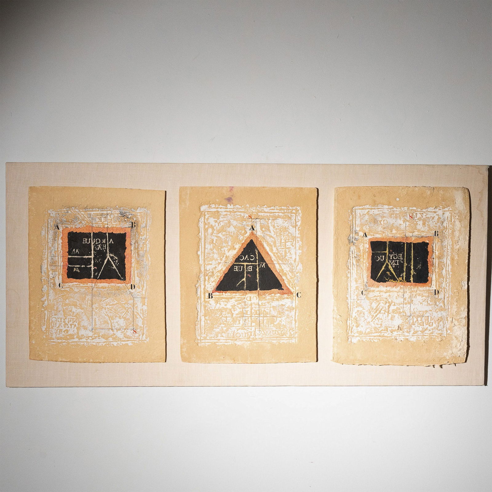 James Coignard, Embossed Carborundum Etchings on Handmade Paper, Signed: A compelling set of three carborundum etchings on embossed paper by renowned French artist James Coignard. These pieces showcase Coignard's signature textured surface techniques, featuring deep emboss