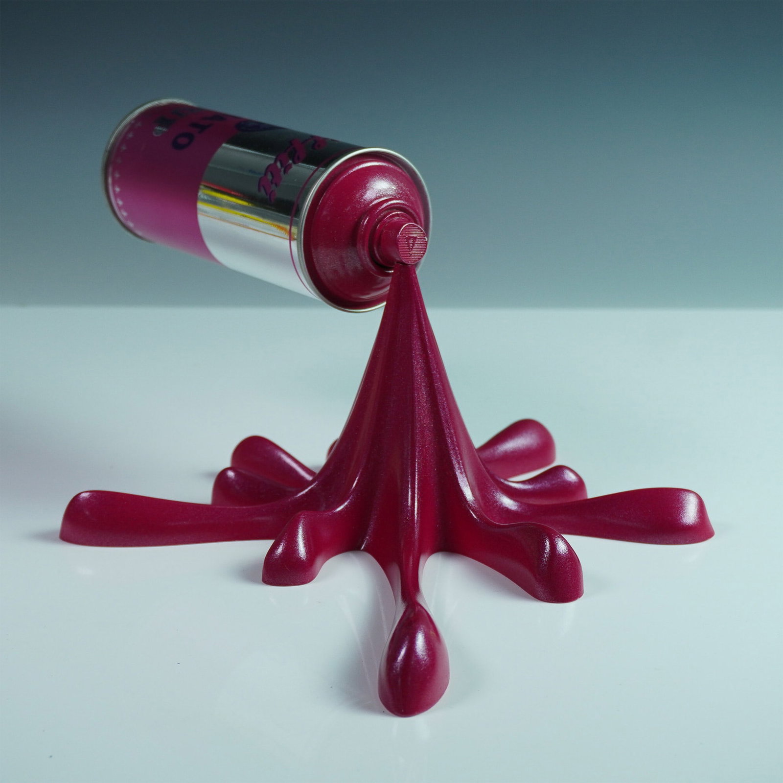 Kresimir Buden (2Fast), Chrome Pink Soup Splash, Signed: Chrome Pink Soup Splash by Croatian artist Kresimir Buden, also known as 2Fast, is a striking mixed-media sculpture featuring a deconstructed spray can frozen mid-splash. Created in 2023, this hand-si
