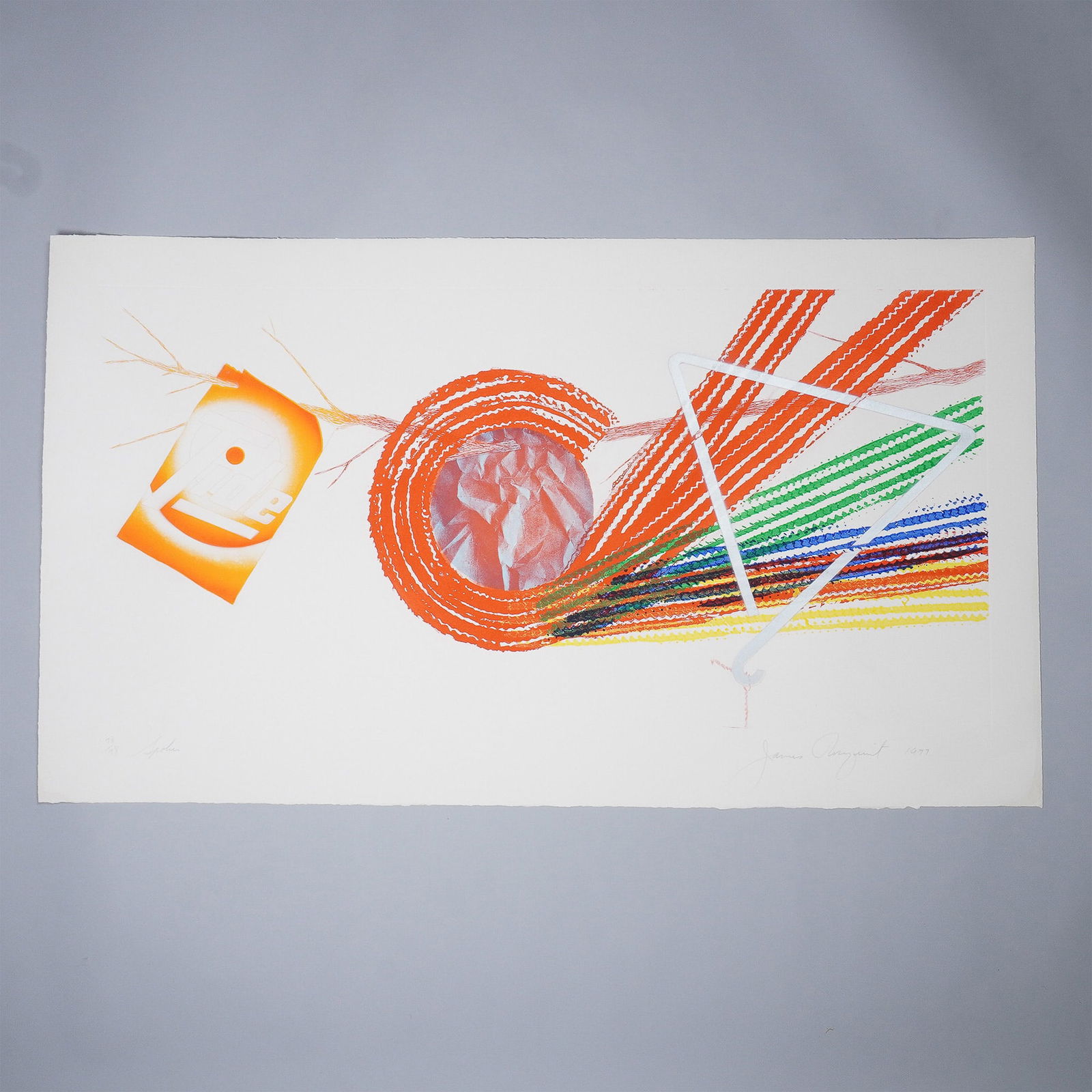 James Rosenquist, Pop Art Etching and Aquatint, Spokes, Signed: A striking 1977 etching and aquatint by renowned American artist James Rosenquist, signed, titled, and dated in pencil in the lower right margin. Known for his pioneering role in the Pop Art movement,