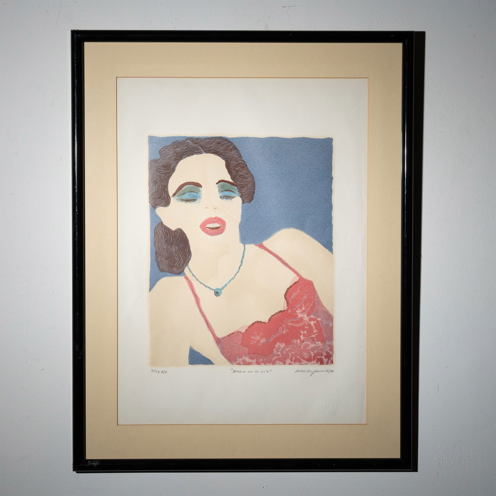 Maripaz Jaramillo, Original Aquatint on Paper, Signed: A striking color aquatint by Maripaz Jaramillo, titled Maria de la Luz, depicting a sensuous female portrait in a red lace camisole against a deep blue background. The subject's expressive face, with