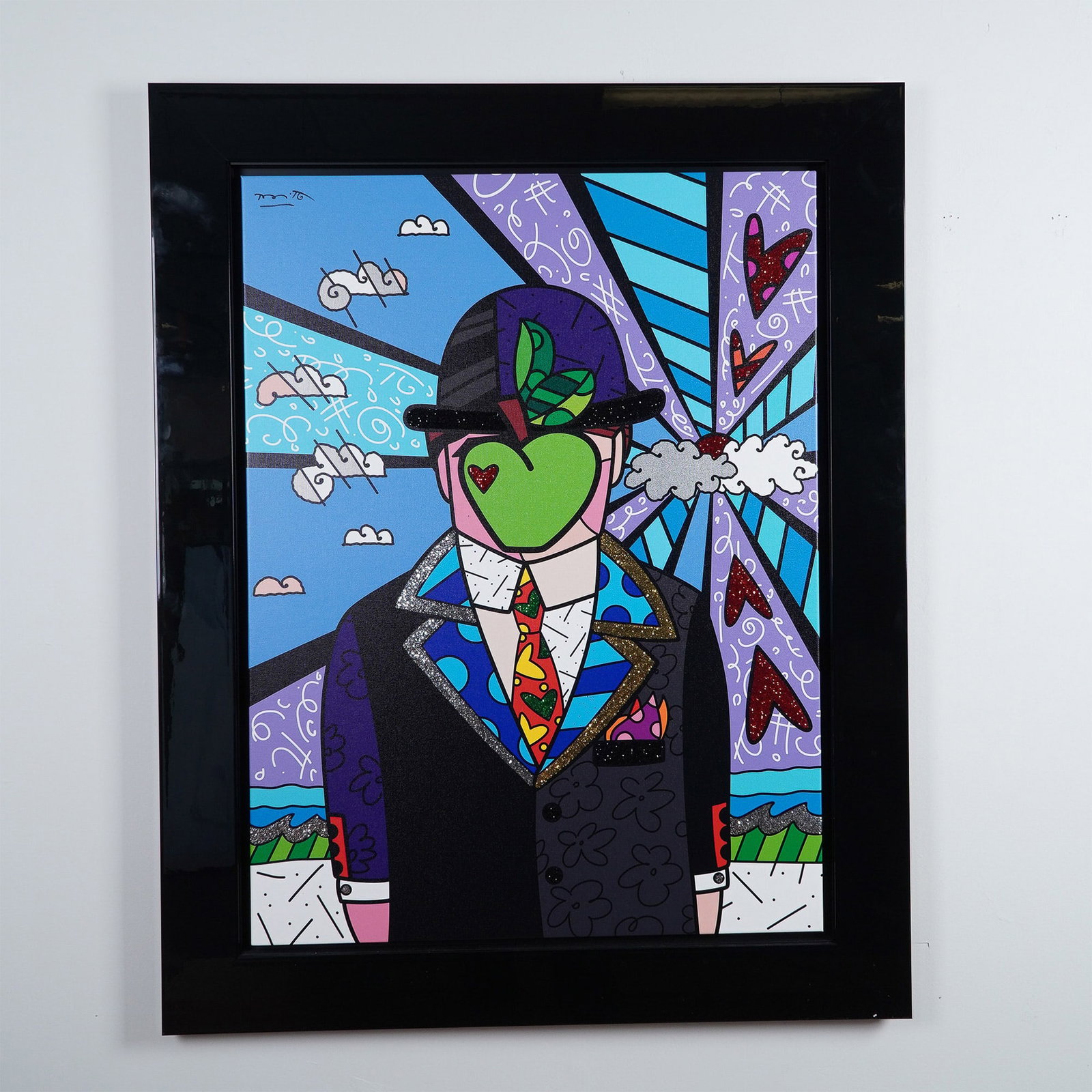 Romero Britto, Mixed Media Digital Print on Canvas, Mr. Magritte, Signed: Vibrant and expressive, this limited edition digital print on canvas by celebrated Brazilian artist Romero Britto reimagines Rene Magritte's The Son of Man through the lens of Britto's signature pop a