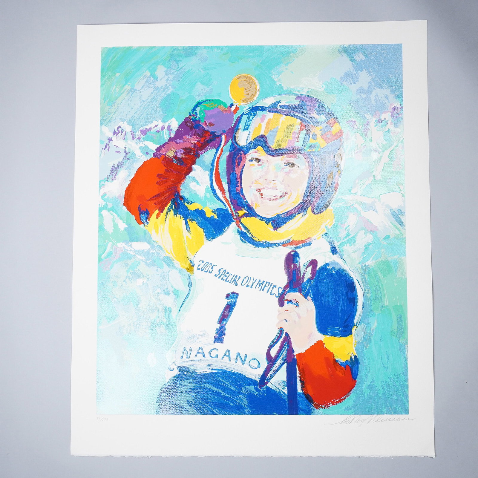 LeRoy Neiman Limited Edition Giclee, Nagano Special Olympics, Signed: This limited edition print by LeRoy Neiman (1921-2012, American) captures a triumphant moment from the 2005 Special Olympics in Nagano, Japan. Neiman's signature bold brushstrokes and vivid color pale
