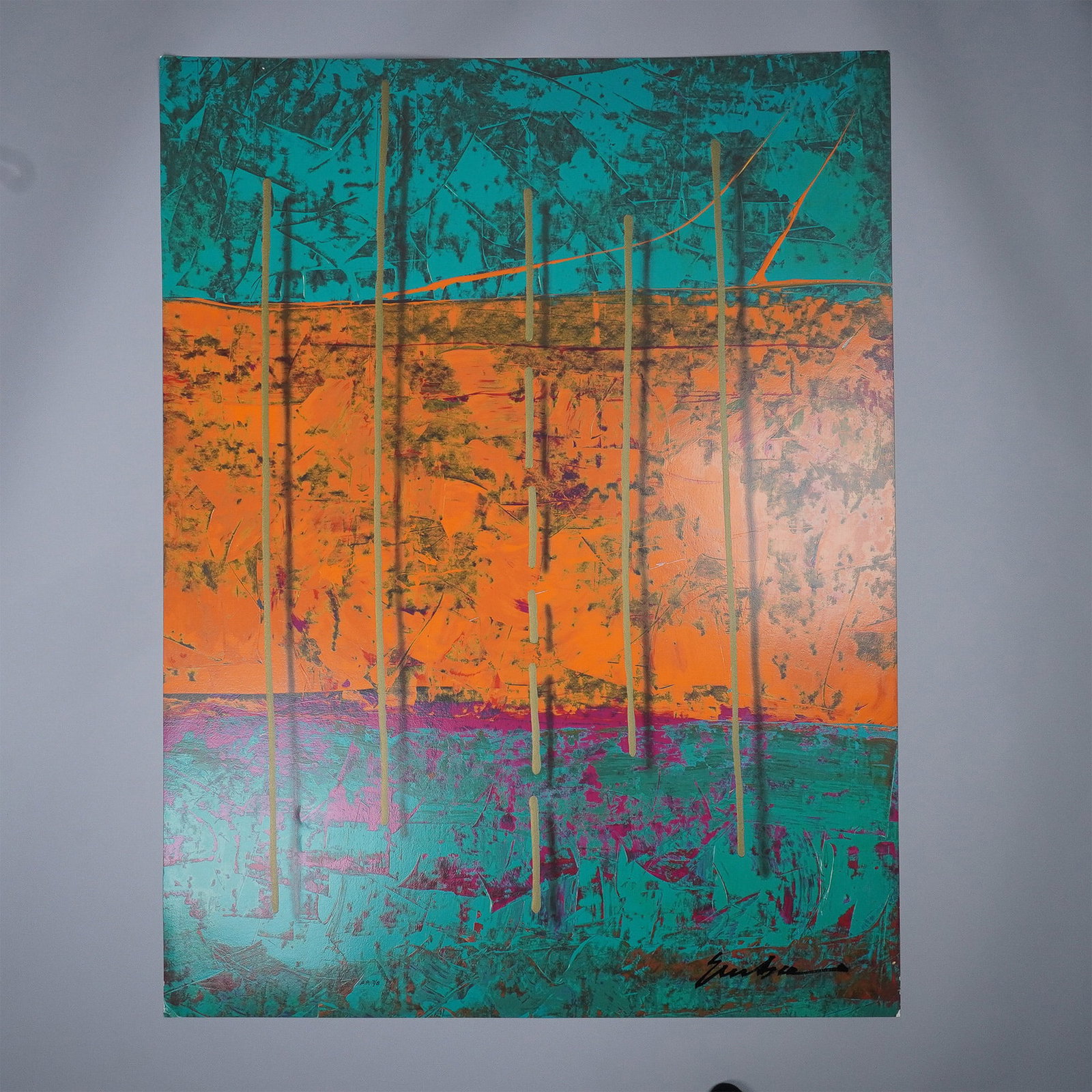 Mark Erickson Artist Proof Serigraph, Abstract Composition: Vibrant artist proof serigraph by Mark Erickson, numbered 7/8. This striking abstract composition showcases a dynamic interplay of teal, orange, and magenta hues, enhanced by textured gold vertical el