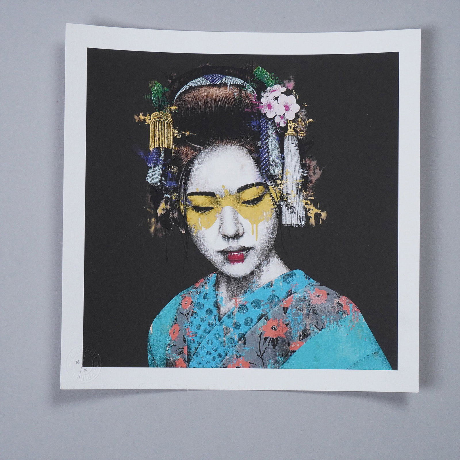 Fin DAC Limited Edition Print, Akiko: A striking limited edition print by renowned urban artist Fin DAC, in the Akiko series. This piece showcases his signature blend of traditional and contemporary elements, depicting a modern interpreta