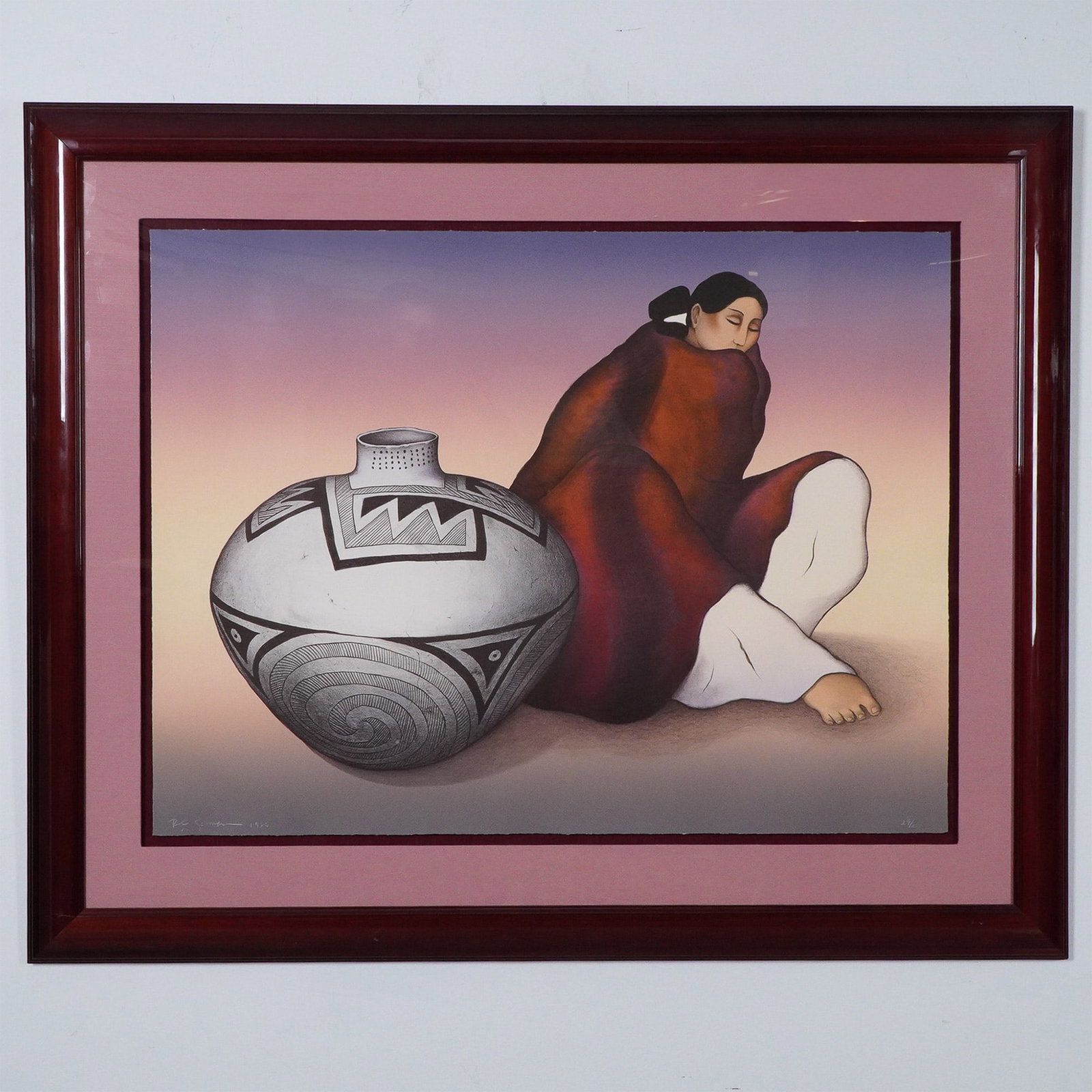 RC Gorman Limited Edition Lithograph, Signed and Numbered: This framed limited-edition print by renowned Native American artist R.C. Gorman captures the essence of Southwestern art. Known for his depictions of Navajo women, Gorman's work is characterized by s