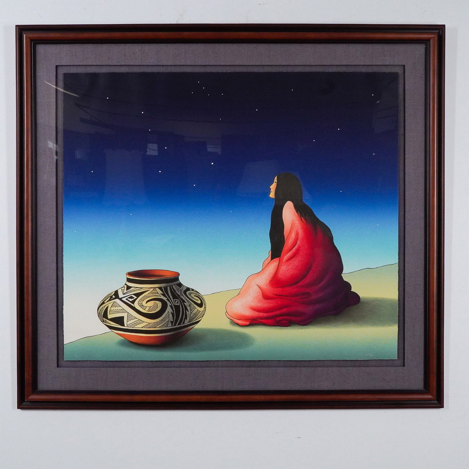RC Gorman Limited Edition Lithograph, Signed and Numbered: A limited edition lithograph by renowned Navajo artist R.C. Gorman (1931-2005), titled Reflection. This artwork, numbered 206/225, features Gorman's signature depiction of a Native American woman drap