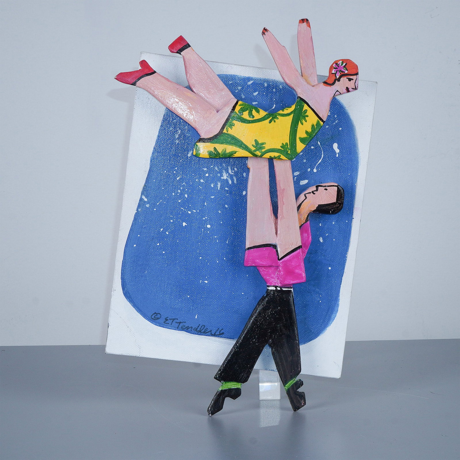 E.T. Tendler 3D Mixed Media Artwork, Dancing in the Stars: This captivating 3D mixed media artwork by E.T. Tendler, titled Dancing in the Stars, captures the energy and movement of dance with a unique sculptural element. The hand-painted figures extend from t